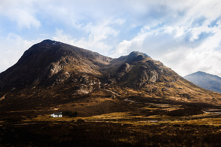 Buachaille Etive Mor and small white house, near Glencoe, Highalnds, Scotland